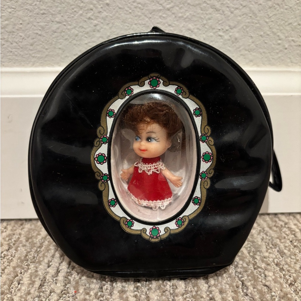 SOLD Vintage Lanco Liddle Kiddle clone doll in black vinyl round zip wrist purse